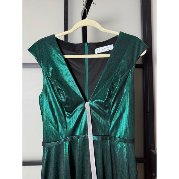 NWT Ieena for Mac Duggal Green Cap Sleeve Deep V Neck High Slit Metallic Gown 4 - Picture 8 of 9